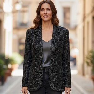 Vintage Niteline Della Roufogali Beaded 100% Silk Jacket Size Large Long Sleeves